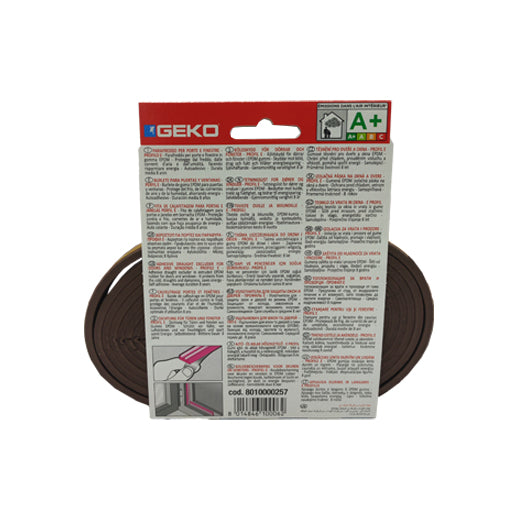 guarnizione adesiva in gomma epdm marrone profilo E per porte e finestre contro freddo e spifferi geko