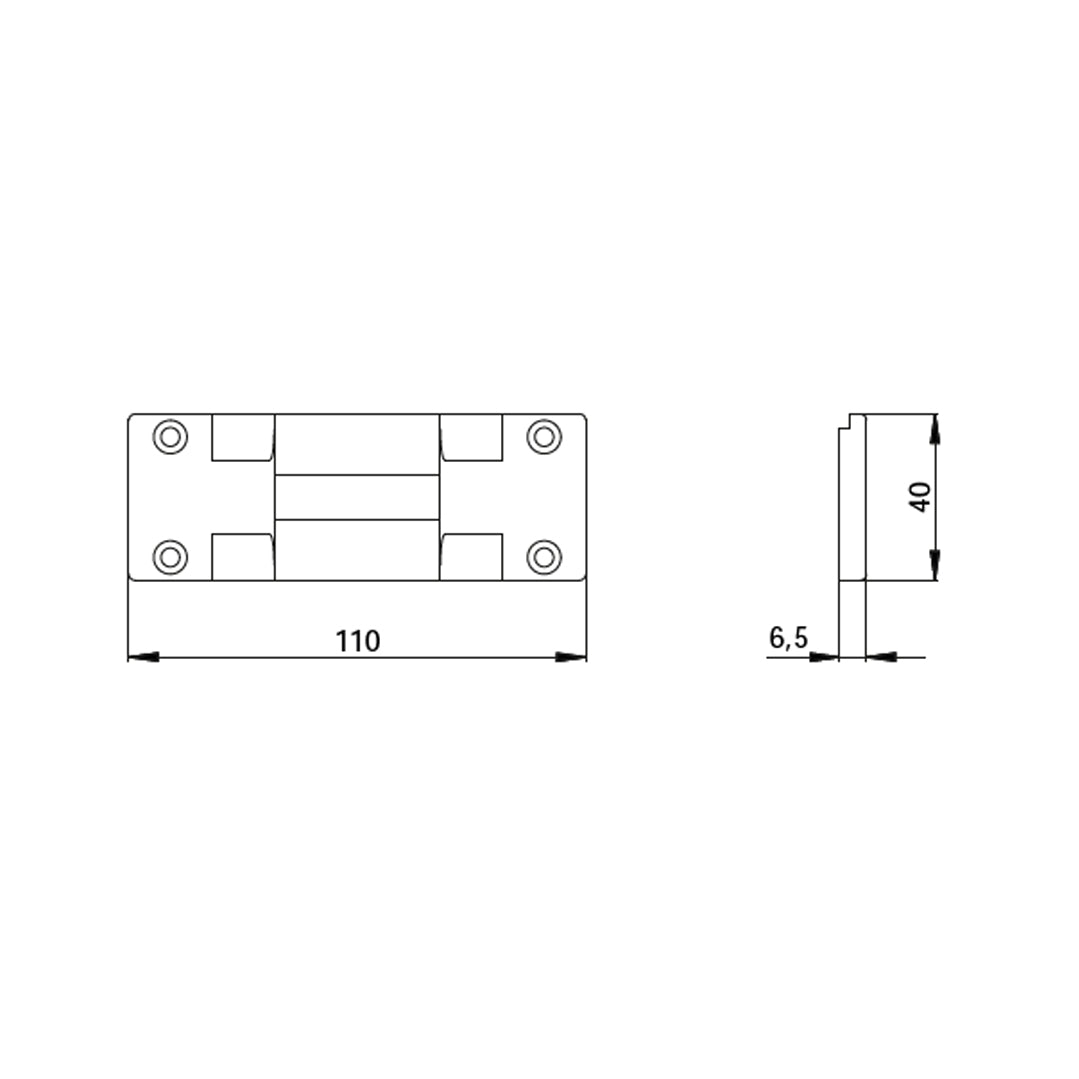 Disegno tecnico contropiastra per profilo NC40 OMEC 04063A con dimensioni 110x40mm