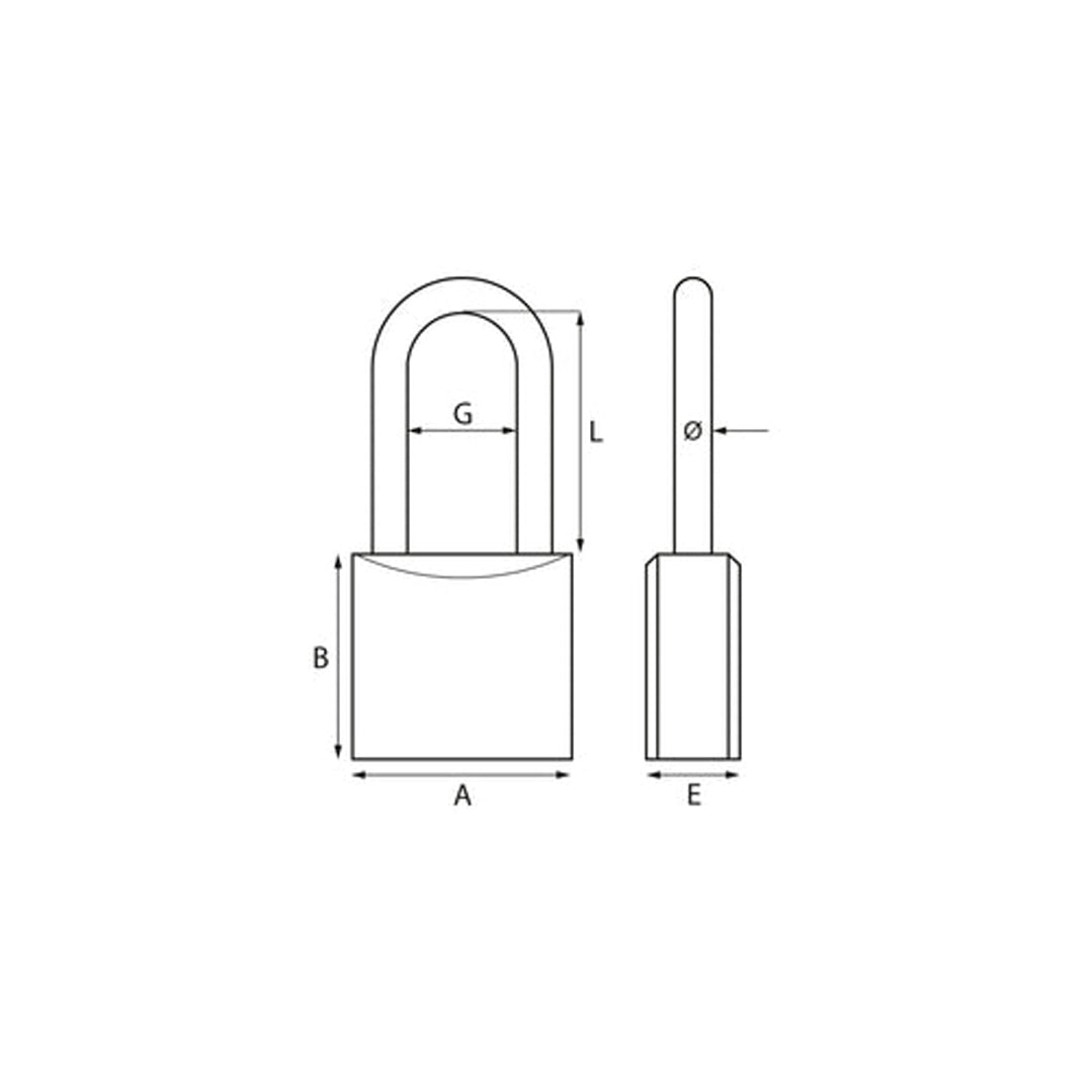 Disegno tecnico lucchetto ad arco extra lungo Wally 275EL con viste frontale e laterale e quote del corpo e dell’arco