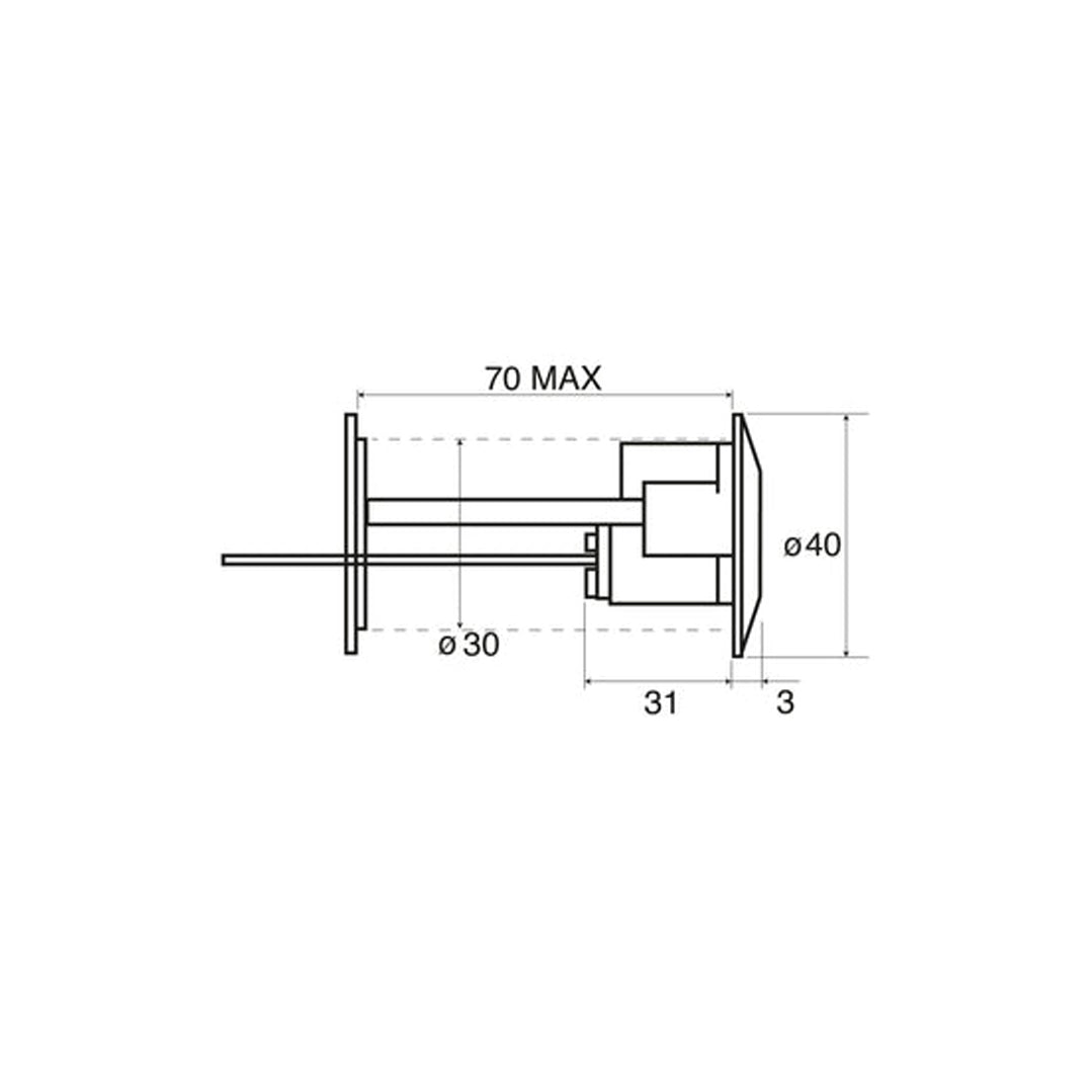 Disegno tecnico cilindro staccato Wally 52 con lunghezza massima 70 mm e diametri 30 e 40 mm