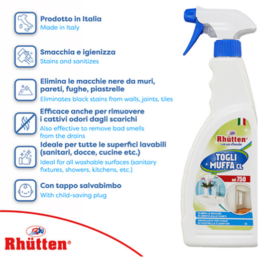Caratteristiche tecniche togli muffa multiuso Casa Linda Rhutten da 750 ml, detergente antimuffa spray per superfici