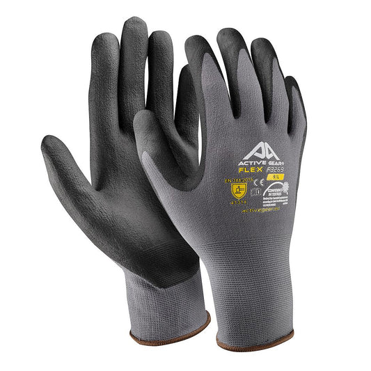 Guanti protettivi da lavoro in nylon spandex 15G taglia L Active Gear Flex – rivestimento schiuma nitrile nero palmo, EN388