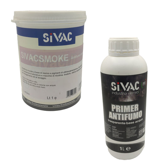 Kit Idropittura Murale Antifumo Sivacsmoke SiVAC con Primer Antifumo per copertura completa di aloni e macchie di nicotina su pareti interne