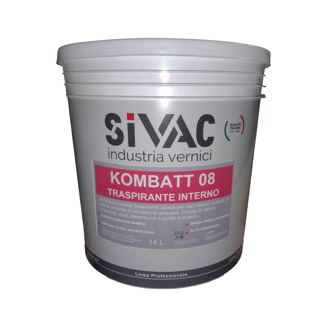 Idropittura murale traspirante bianca per interni 14 litri Kombatt 08 SiVAC – finitura opaca per muratura e cartongesso