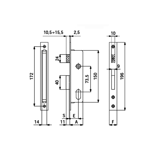 Disegno tecnico serratura OMEC338 con quote dimensionali e misure entrata 25mm