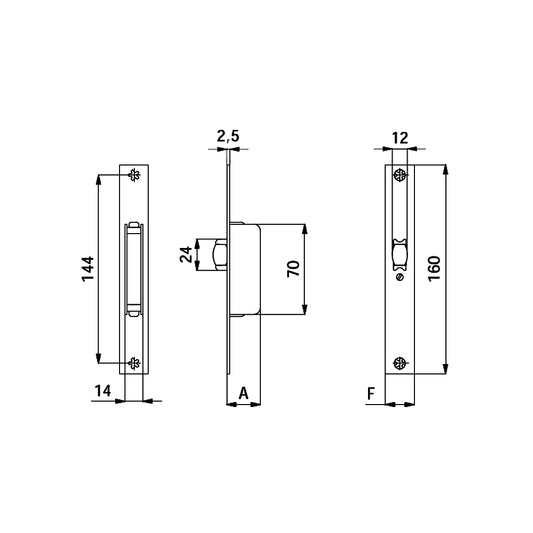 Disegno tecnico serratura OMEC345 con quote dimensionali e misure entrata 15mm
