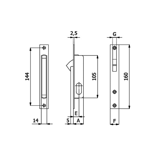 Disegno tecnico serratura OMEC356 con quote dimensionali e misure entrata 15mm