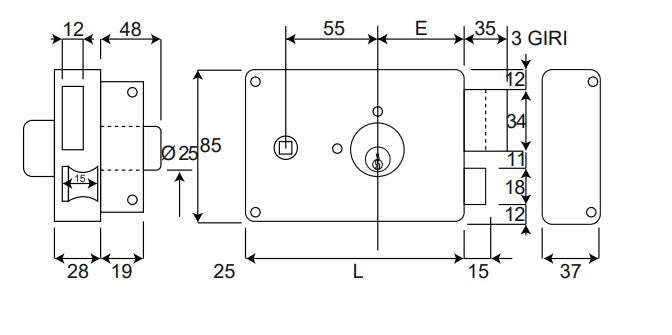 Dimensioni serratura destra Wally 600ADX 50 mm con maniglia