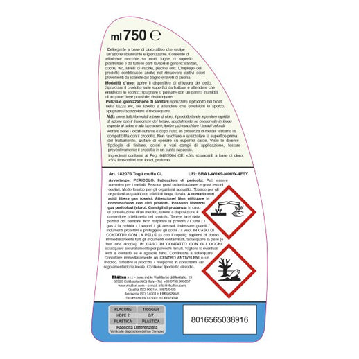 Dettaglio etichetta togli muffa Casa Linda Rhutten, antimuffa professionale per bagno e cucina