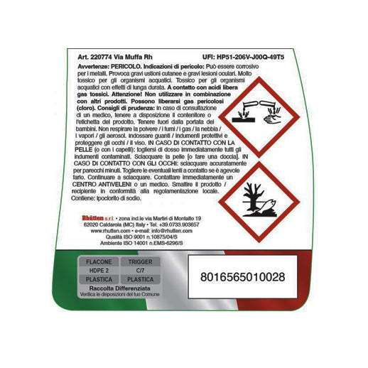 Dettaglio etichetta Via Muffa RH Rhutten formula a base cloro sbiancante per fughe, sanitari e superfici lavabili