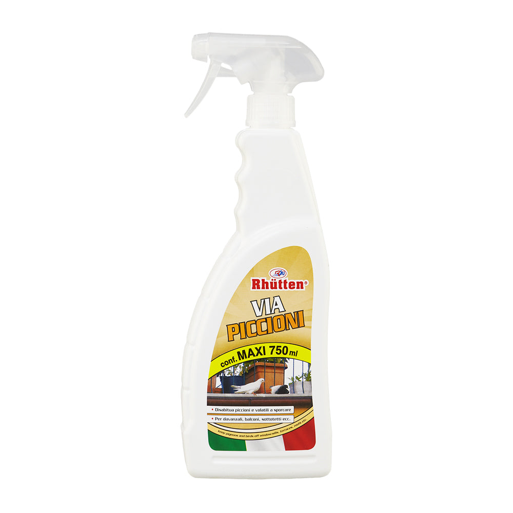 Via Piccioni disabituante spray Rhutten 750ml, repellente naturale per allontanare piccioni e volatili da balconi e terrazzi