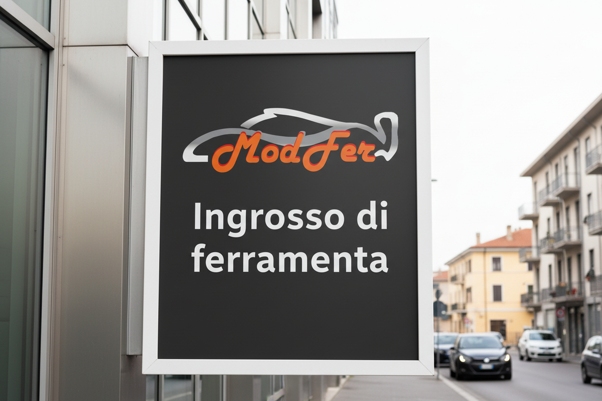 logo modfer dentro un cartello con scritta ingrosso di ferramenta