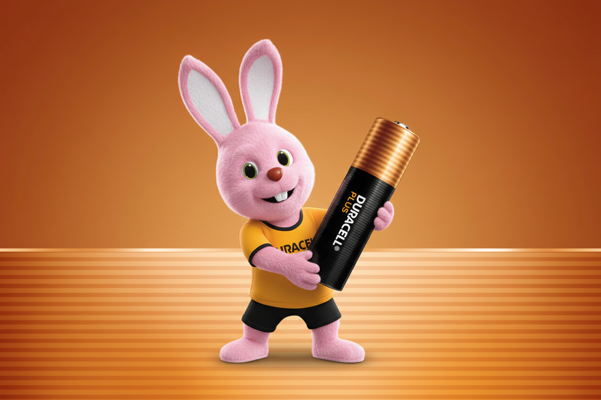 Coniglio Duracell che tiene una batteria alcalina - Collezione batterie e pile professionali