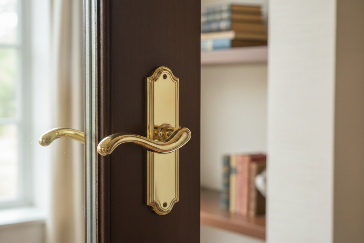 Mano che afferra una maniglia in ottone lucido per aprire una porta, design elegante per interni