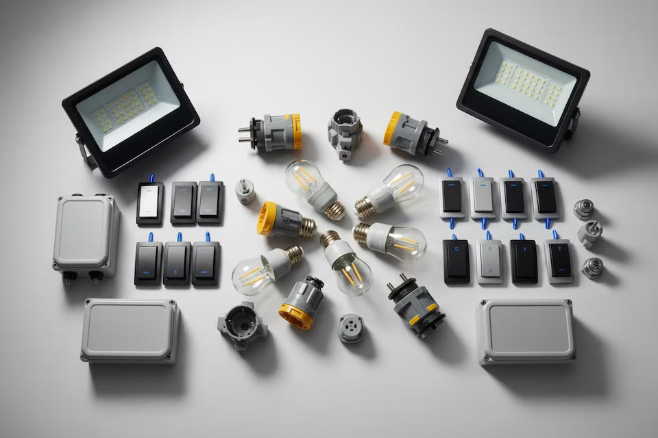 Assortimento professionale di materiale elettrico: lampadine LED, prese industriali, interruttori e cassette di derivazione per impianti civili e industriali