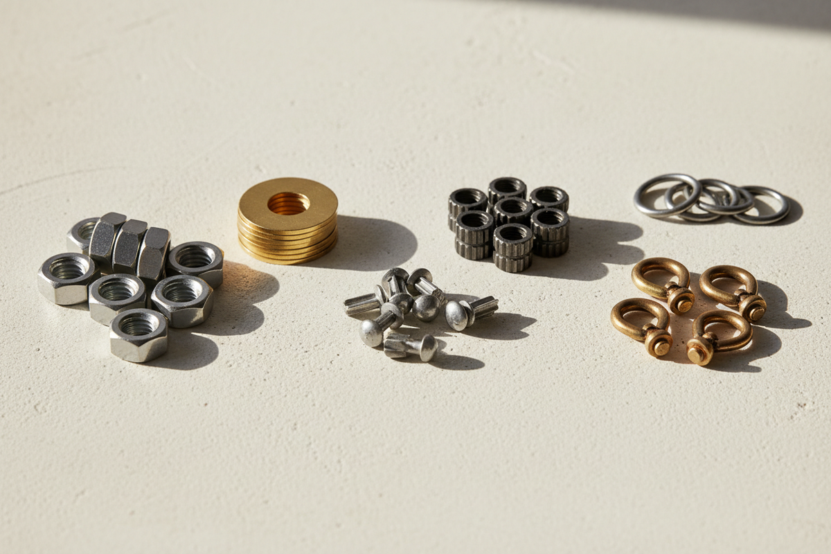 Assortimento professionale di minuteria metallica: rondelle, dadi, rivetti, anelli e tasselli in acciaio inox e zincato per edilizia e carpenteria