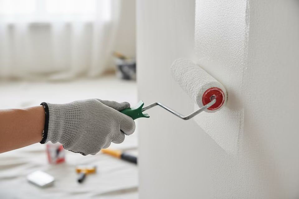 Pittore professionista applica pittura murale con rullo a manico ergonomico su parete interna