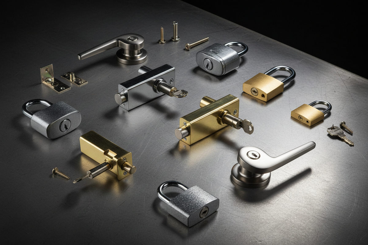 Assortimento professionale di serrature a cilindro, lucchetti e sistemi di sicurezza per porte e accessi industriali