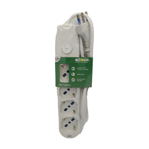 ciabatta multipresa 4 posti adatta per tutte le spine con spina 16a e protezione bambini cavo 1,5 metri bianca ecova