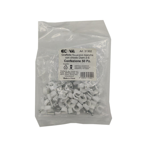 fermacavo bianco con chiodo in confezione da 50 pezzi ecova