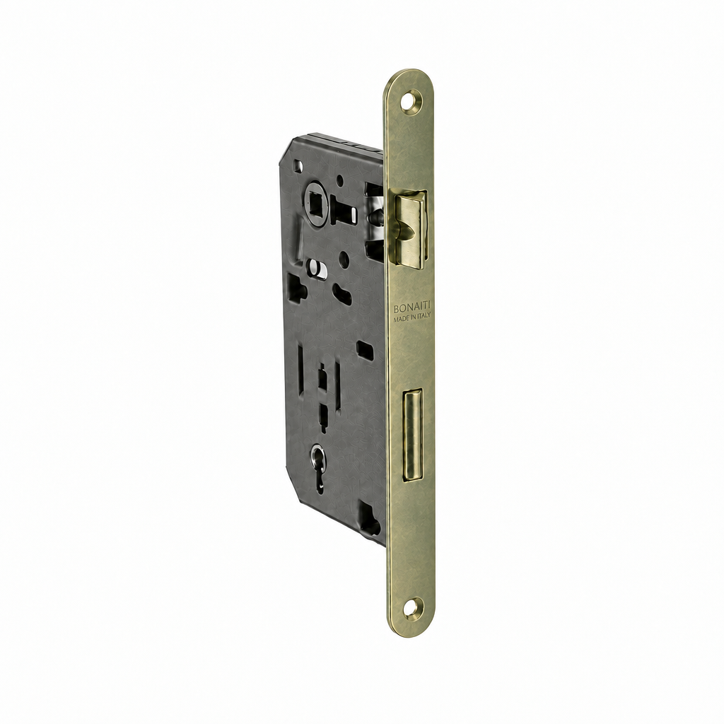 Serratura da infilare ottonata bordo tondo entrata 45mm per porte in legno Bonaiti 48042045HE