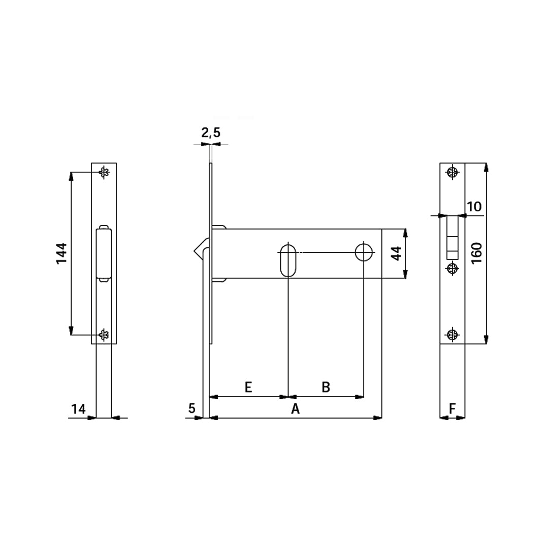 Disegno tecnico serratura per fasce gancio rientrante OMEC396 con quote dimensionali entrata 60mm OMEC