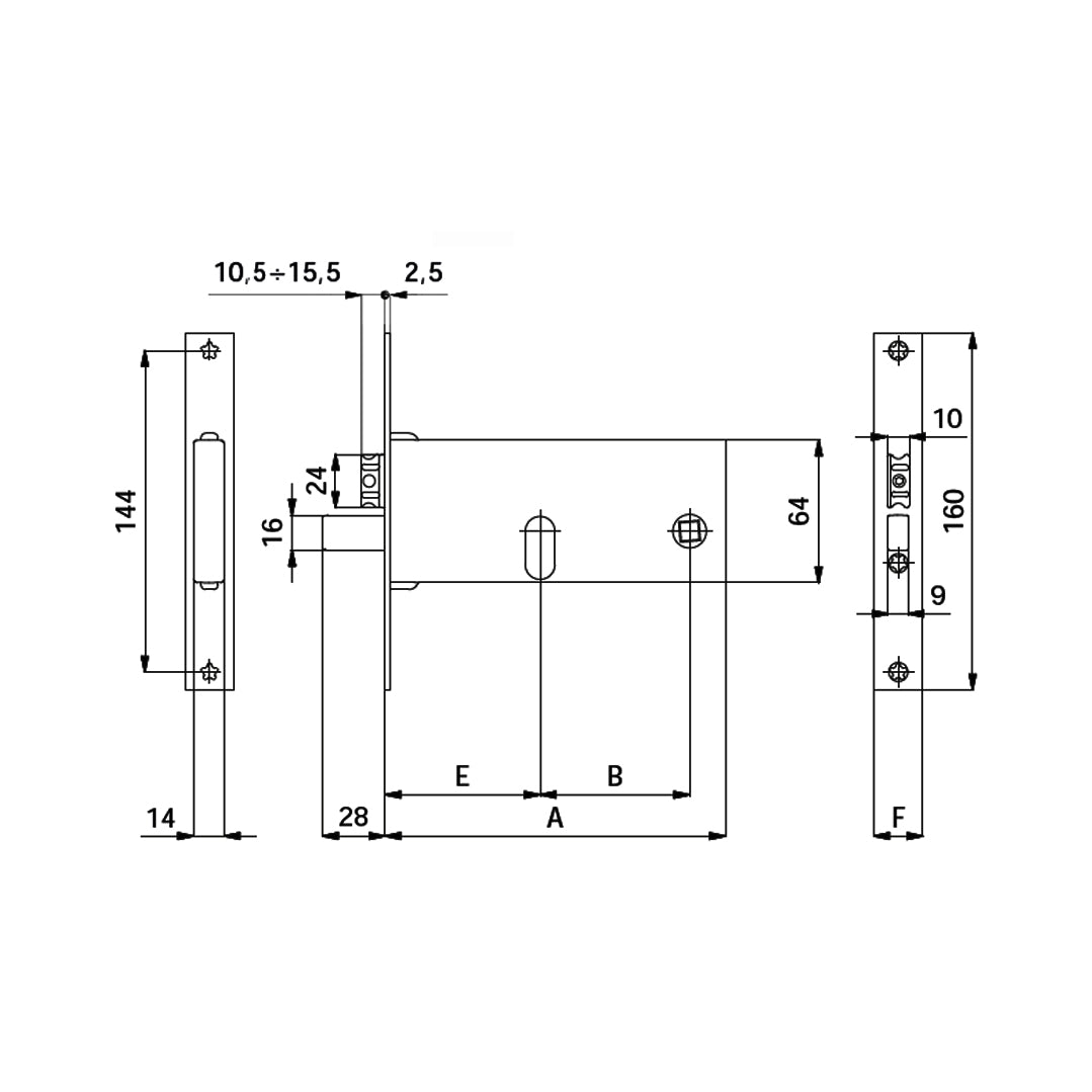 Disegno tecnico serratura per fasce cilindro ovale OMEC782 con quote dimensionali entrata 70mm OMEC
