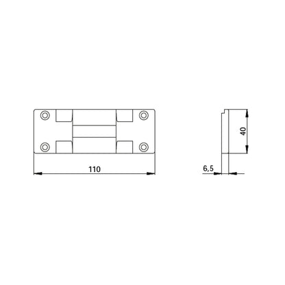 Disegno tecnico contropiastra per profilo NC40 OMEC 04063A con dimensioni 110x40mm