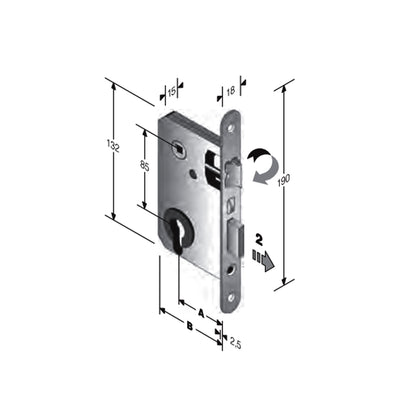 Disegno tecnico serratura da infilare bordo tondo Bonaiti 42 con quote dimensionali entrata 45mm
