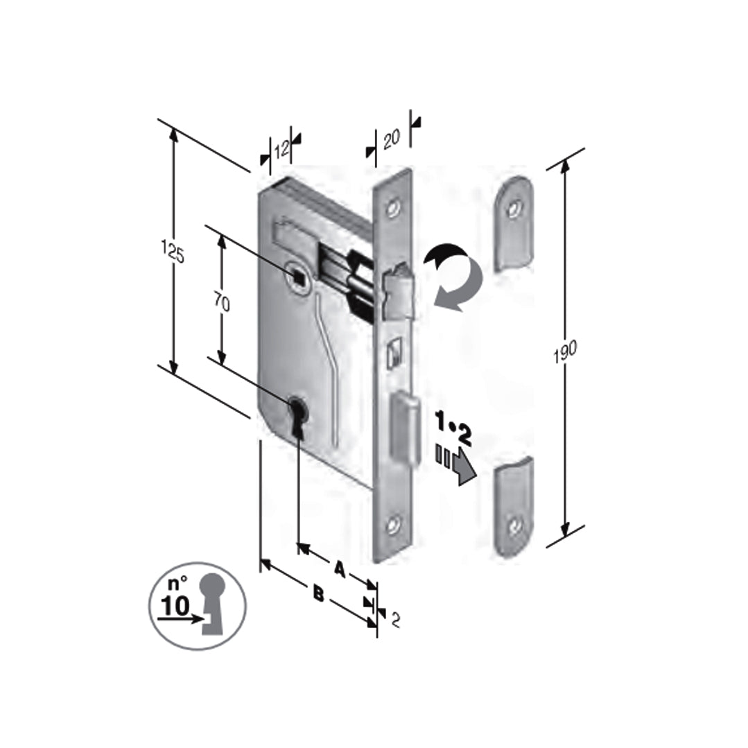 Disegno tecnico serratura da infilare bordo tondo Bonaiti 42 con quote dimensionali entrata 45mm