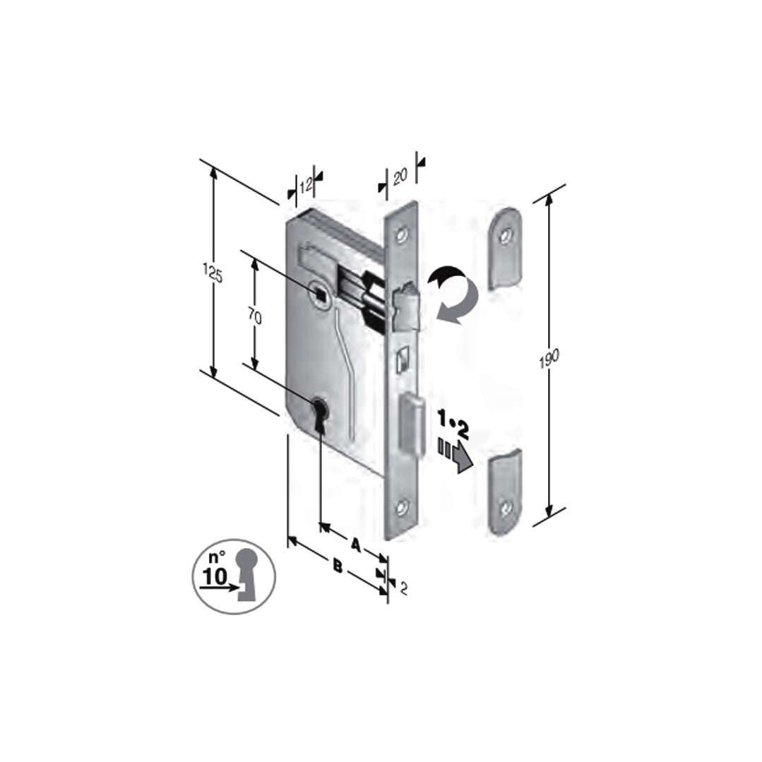 Disegno tecnico serratura bordo quadro Bonaiti 42 con quote dimensionali entrata 35mm
