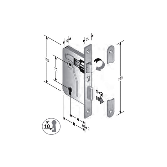 Disegno tecnico serratura bordo quadro Bonaiti 42 con quote dimensionali entrata 35mm
