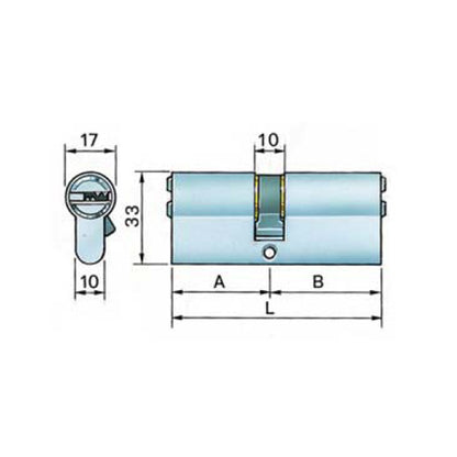 Disegno tecnico cilindro europeo Potent S3400 con profilo 17 x 33 mm e indicazione delle misure A B e L

