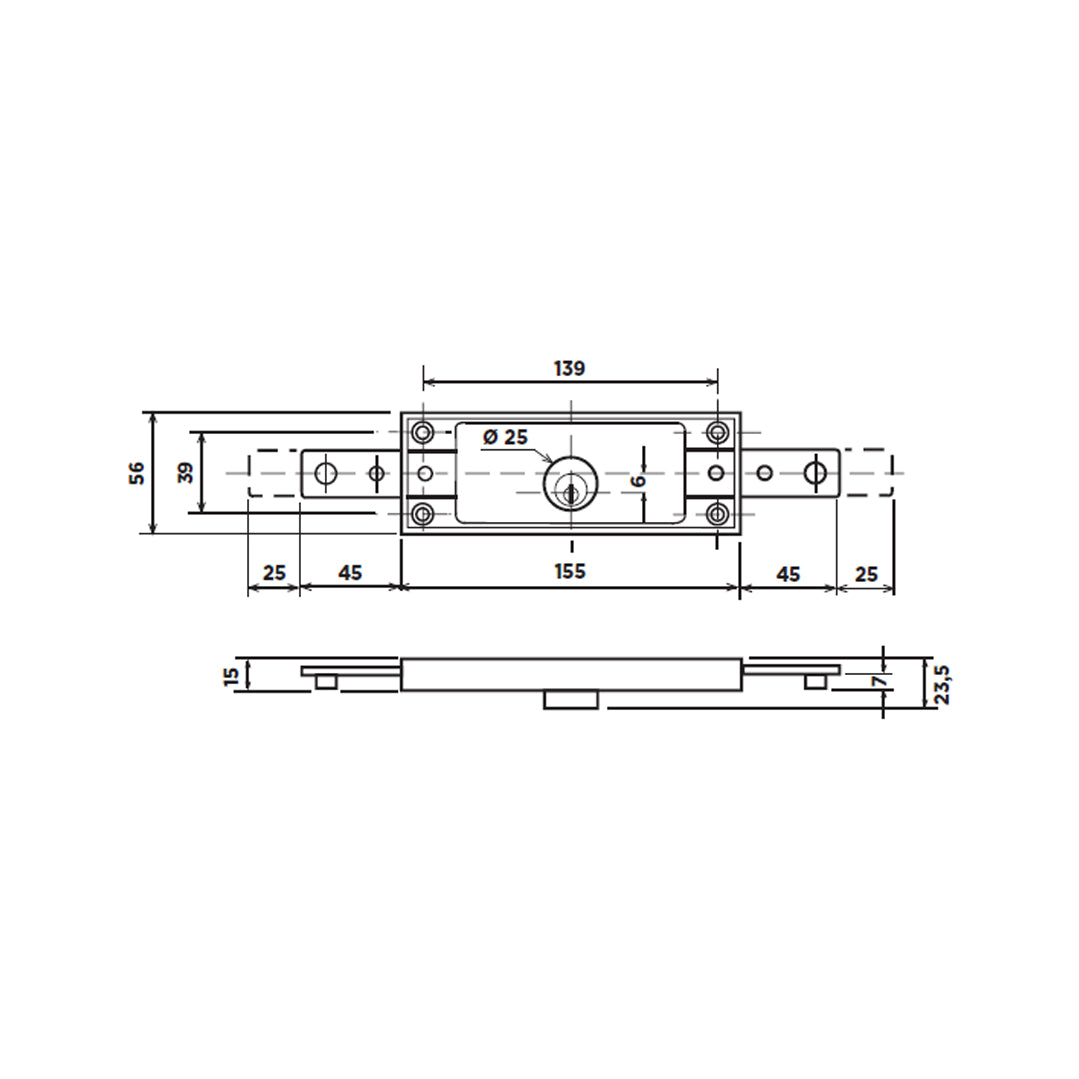 Disegno tecnico serratura a cilindro per serranda Potent C-1600 con quote dimensionali
