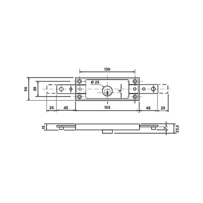 Disegno tecnico serratura a cilindro per serranda Potent C-1600 con quote dimensionali