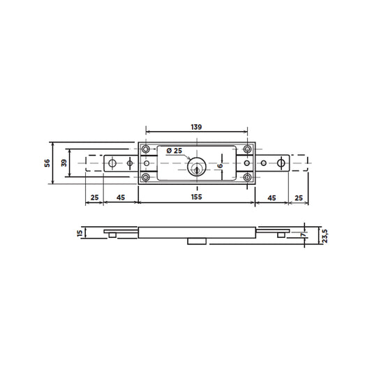 Disegno tecnico serratura a cilindro per serranda Potent C-1600 con quote dimensionali
