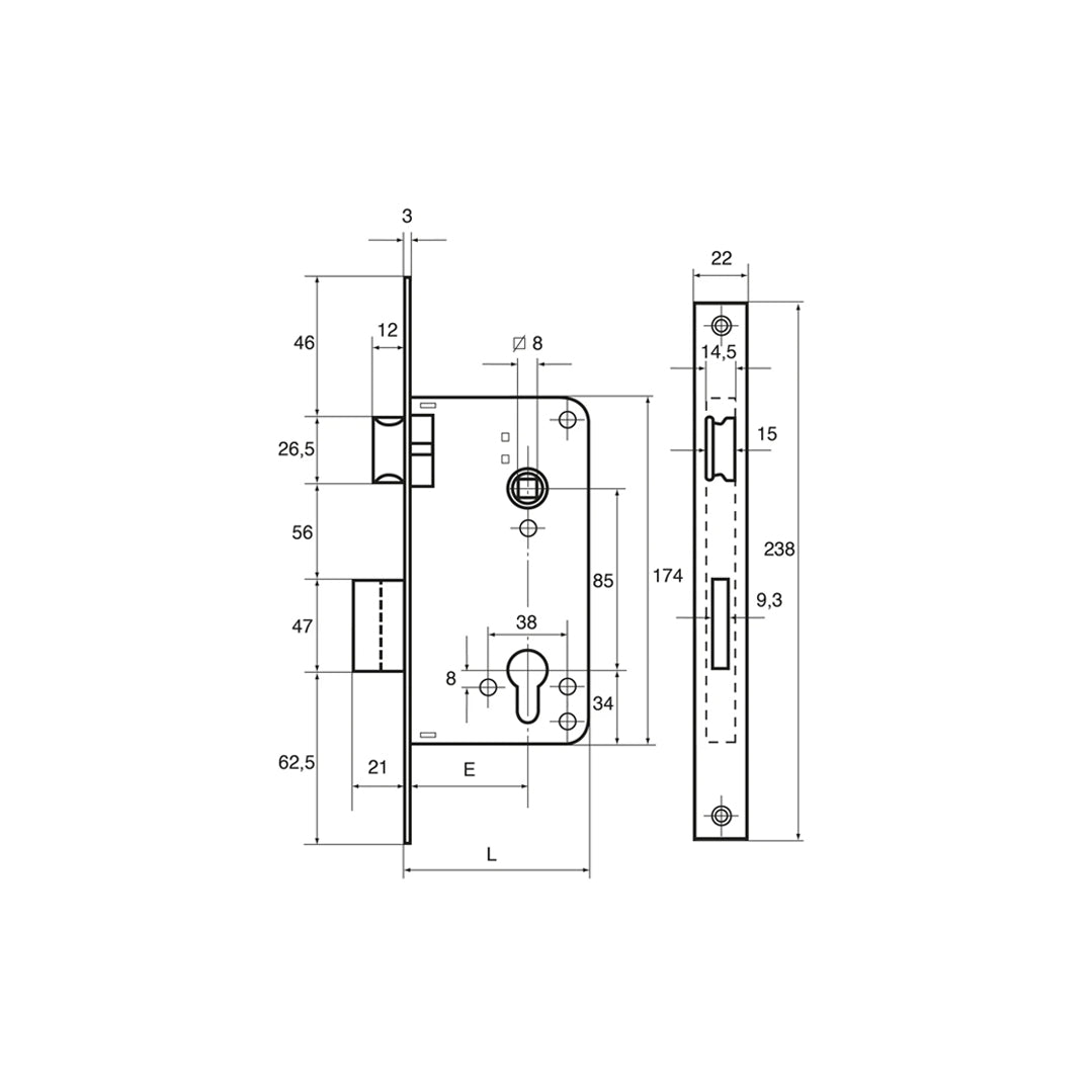 Disegno tecnico serratura da infilare Wally 262BQ con quote dimensionali entrata 40 45 50 60mm