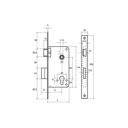 Disegno tecnico serratura da infilare Wally 262BQ con quote dimensionali entrata 40 45 50 60mm