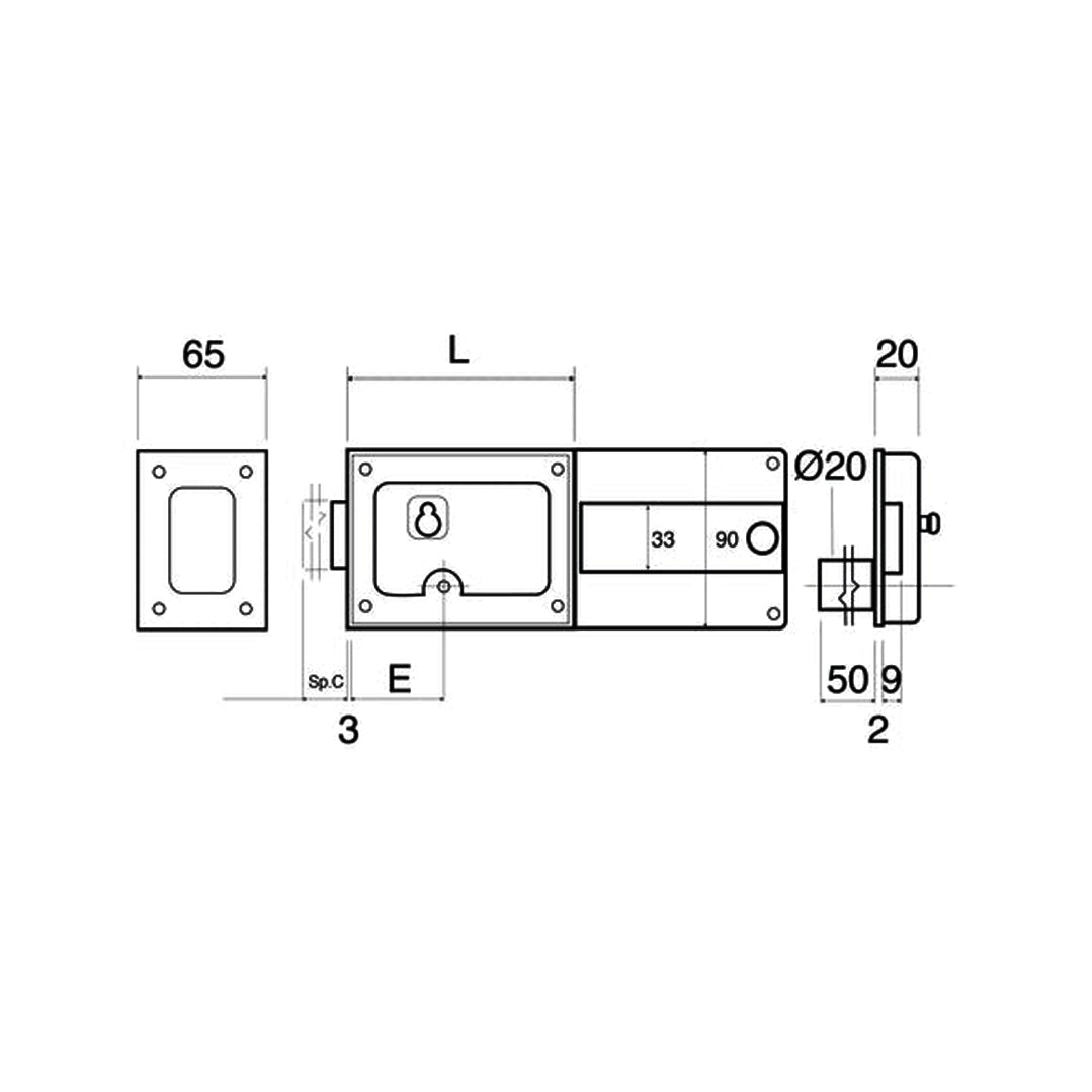 Disegno tecnico serratura ferroglietto Wally 270A-BIS con quote dimensionali entrata 50 60 70mm