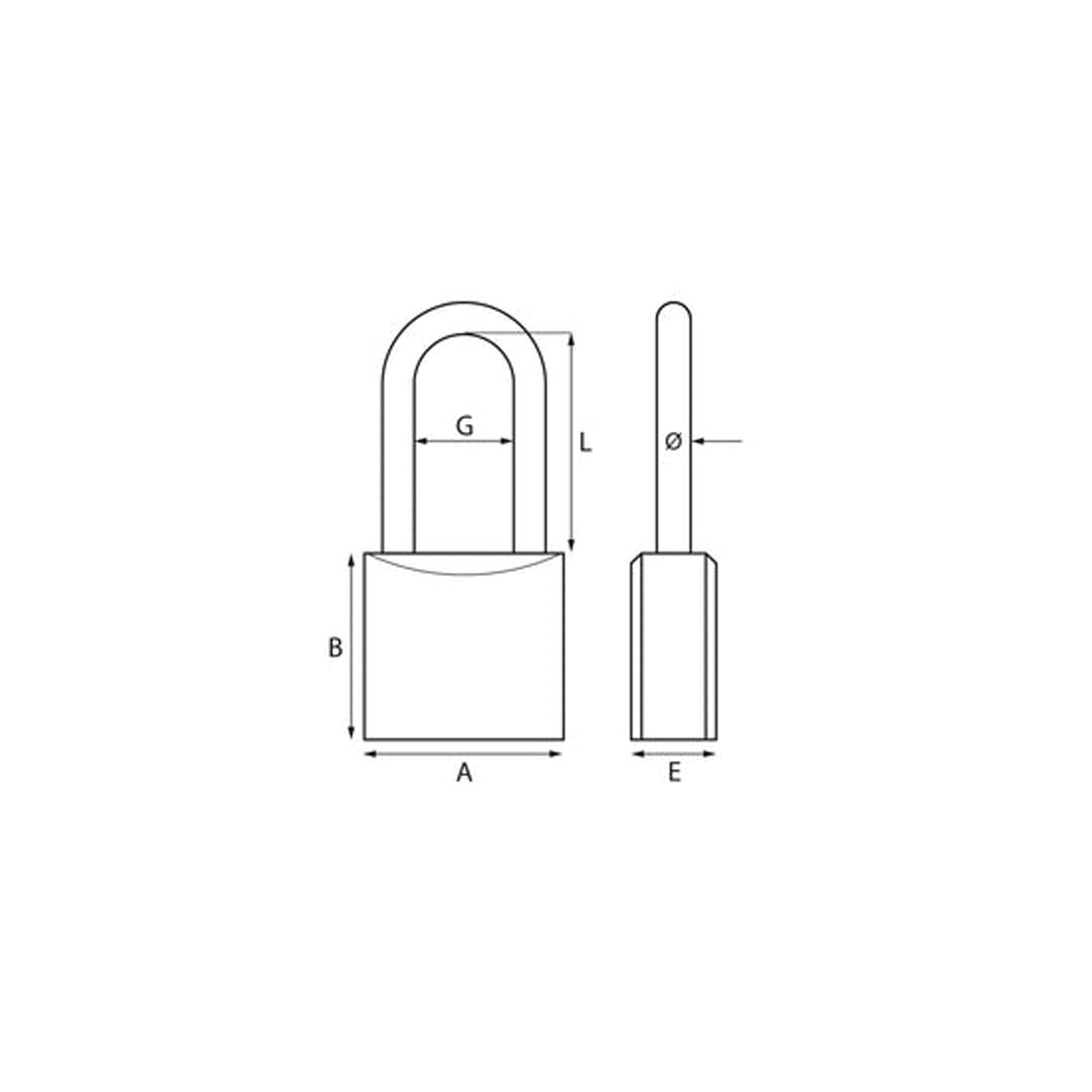 Disegno tecnico lucchetto ad arco lungo Wally 275L con viste frontale e laterale e quote del corpo e dell’arco

