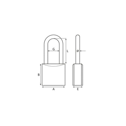 Disegno tecnico lucchetto ad arco lungo Wally 275L con viste frontale e laterale e quote del corpo e dell’arco

