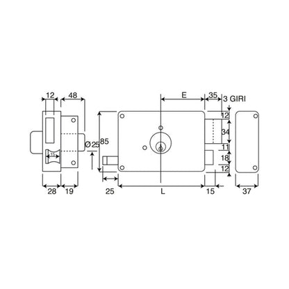 Disegno tecnico serratura da portoncino Wally 310A mano destra con quote dimensionali entrata 60 70mm