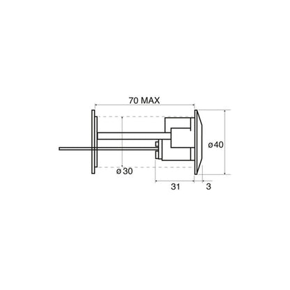 Disegno tecnico cilindro staccato Wally 52 con lunghezza massima 70 mm e diametri 30 e 40 mm