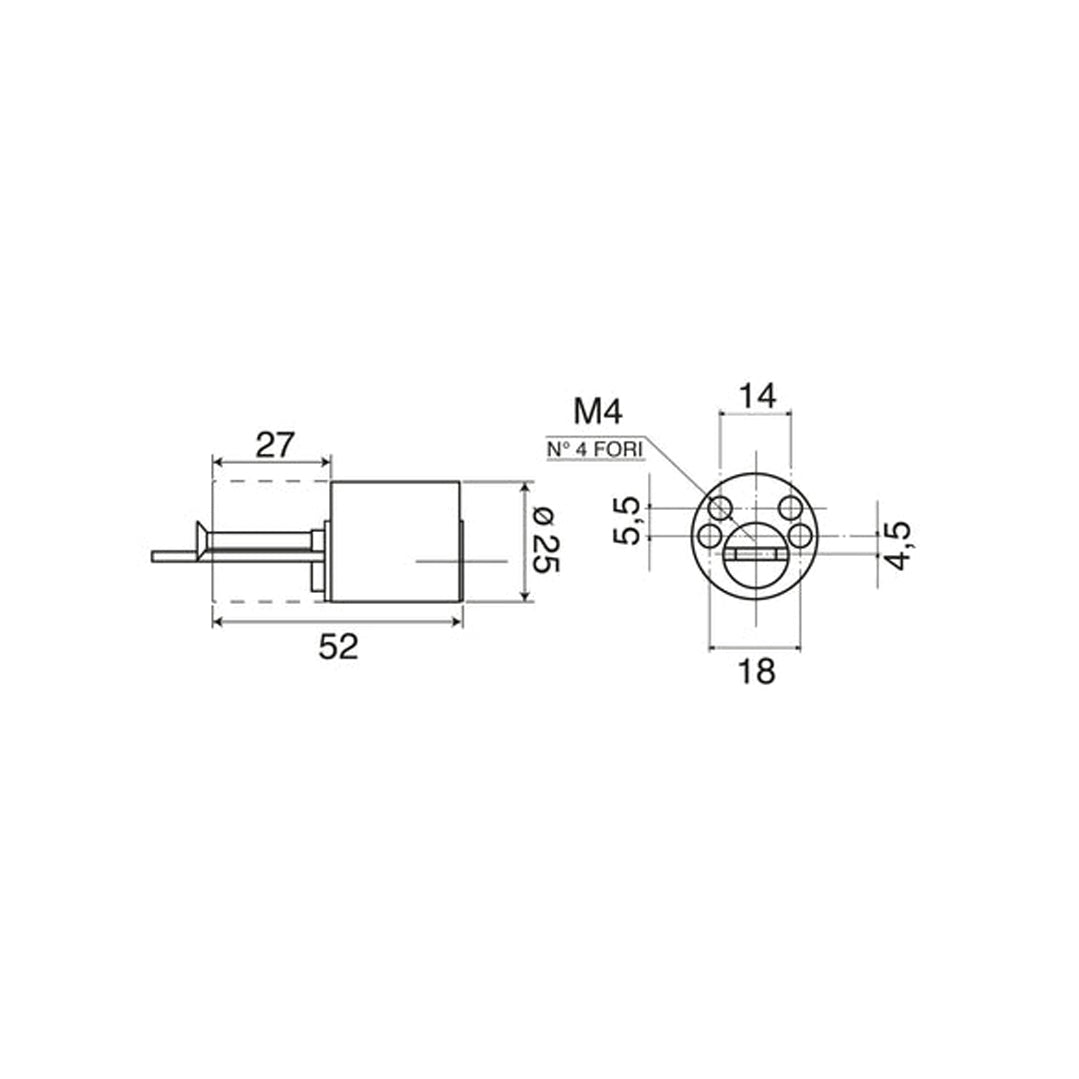 Disegno tecnico cilindro tondo fisso Wally 54 con diametro 25 mm e quattro fori di fissaggio M4 con interassi 14 e 18 mm