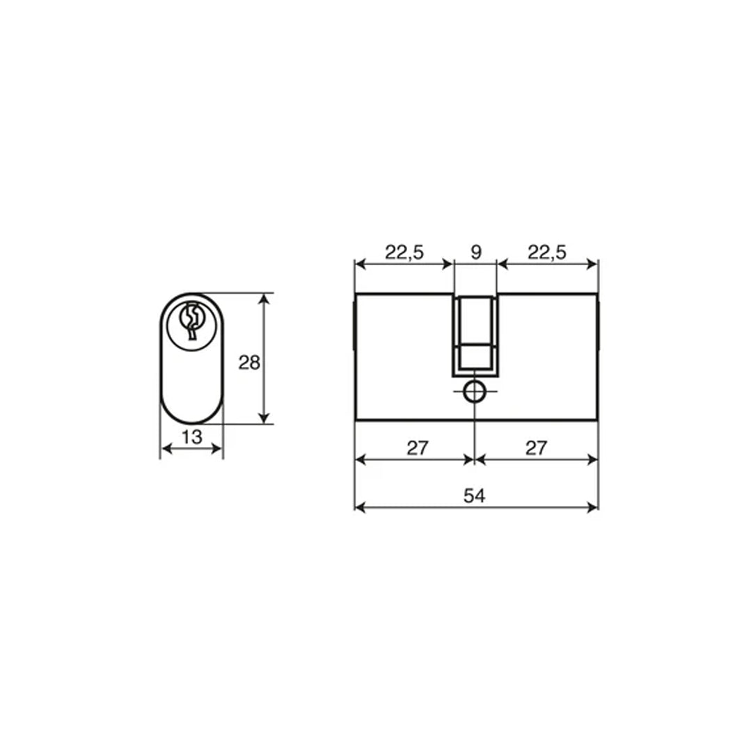 Disegno tecnico cilindro ovale Wally 64-01 da 54 mm con misura simmetrica 27 più 27 mm e profilo 13 x 28 mm