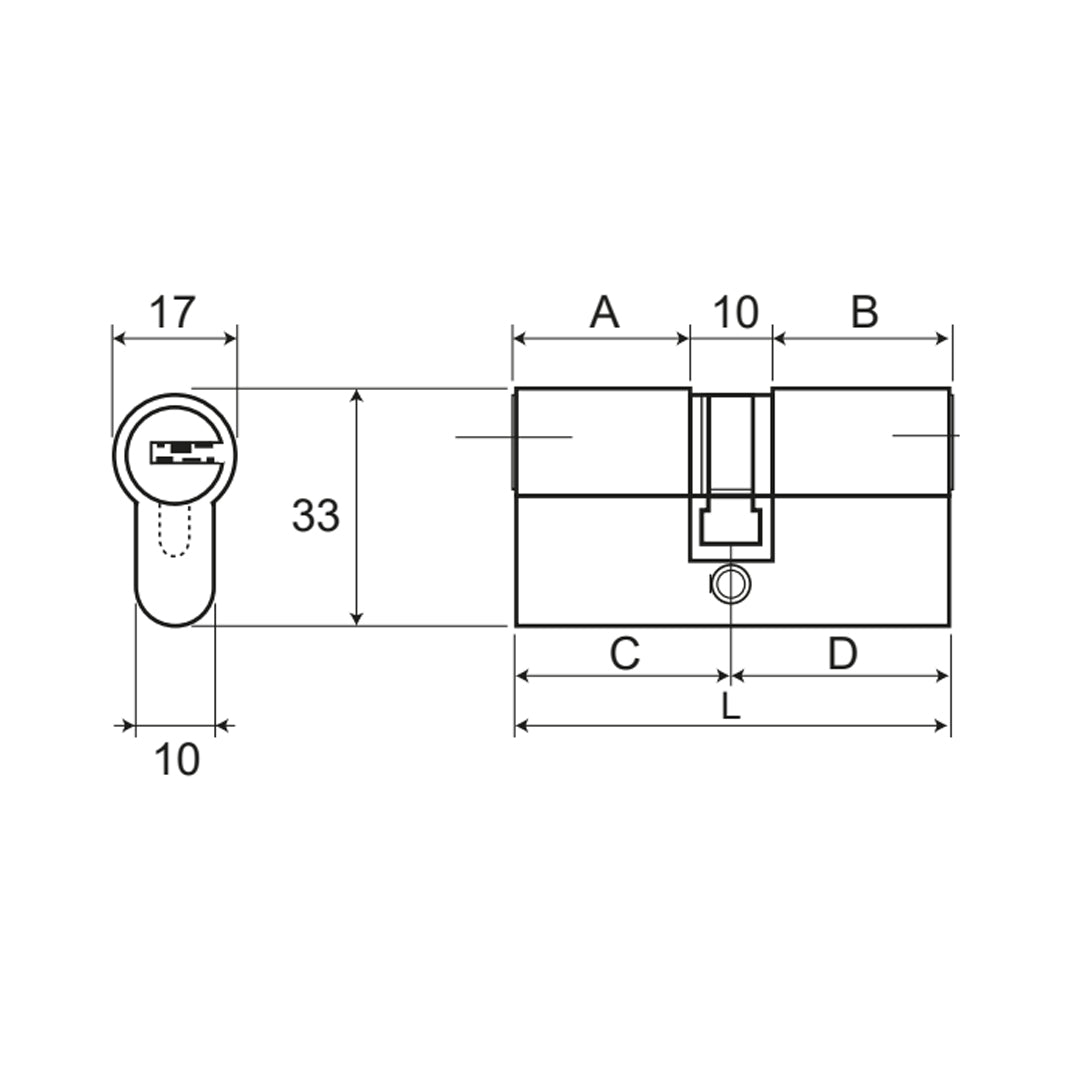Disegno tecnico doppio cilindro europeo Wally 80 con viste frontale e laterale e profilo 17 x 33 mm

