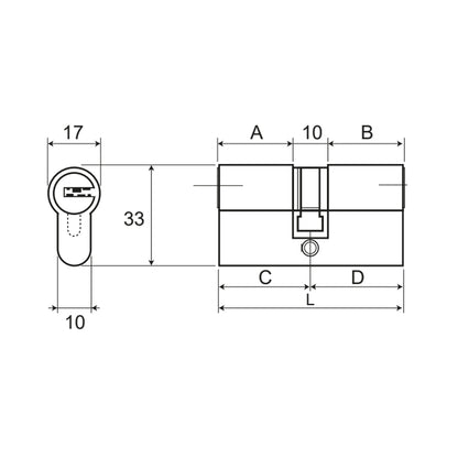 Disegno tecnico doppio cilindro europeo Wally 80 con viste frontale e laterale e profilo 17 x 33 mm

