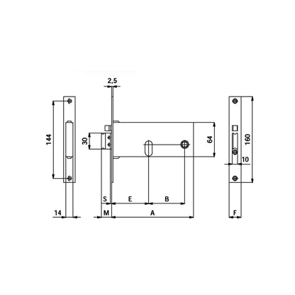 Disegno tecnico serratura elettrica 12V serie 388 888 con quote dimensionali entrata 60 80mm OMEC