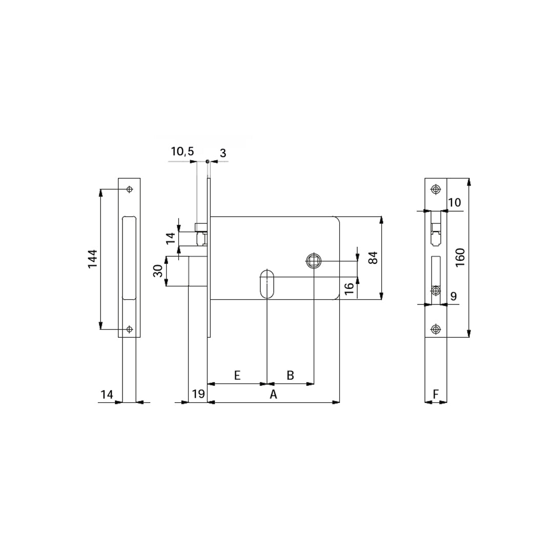 Disegno tecnico serratura per fasce cilindro ovale serie 380 con quote dimensionali entrata 60 70 80mm OMEC