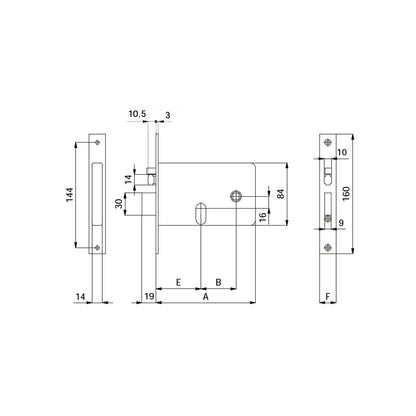 Disegno tecnico serratura per fasce cilindro ovale serie 380 con quote dimensionali entrata 60 70 80mm OMEC